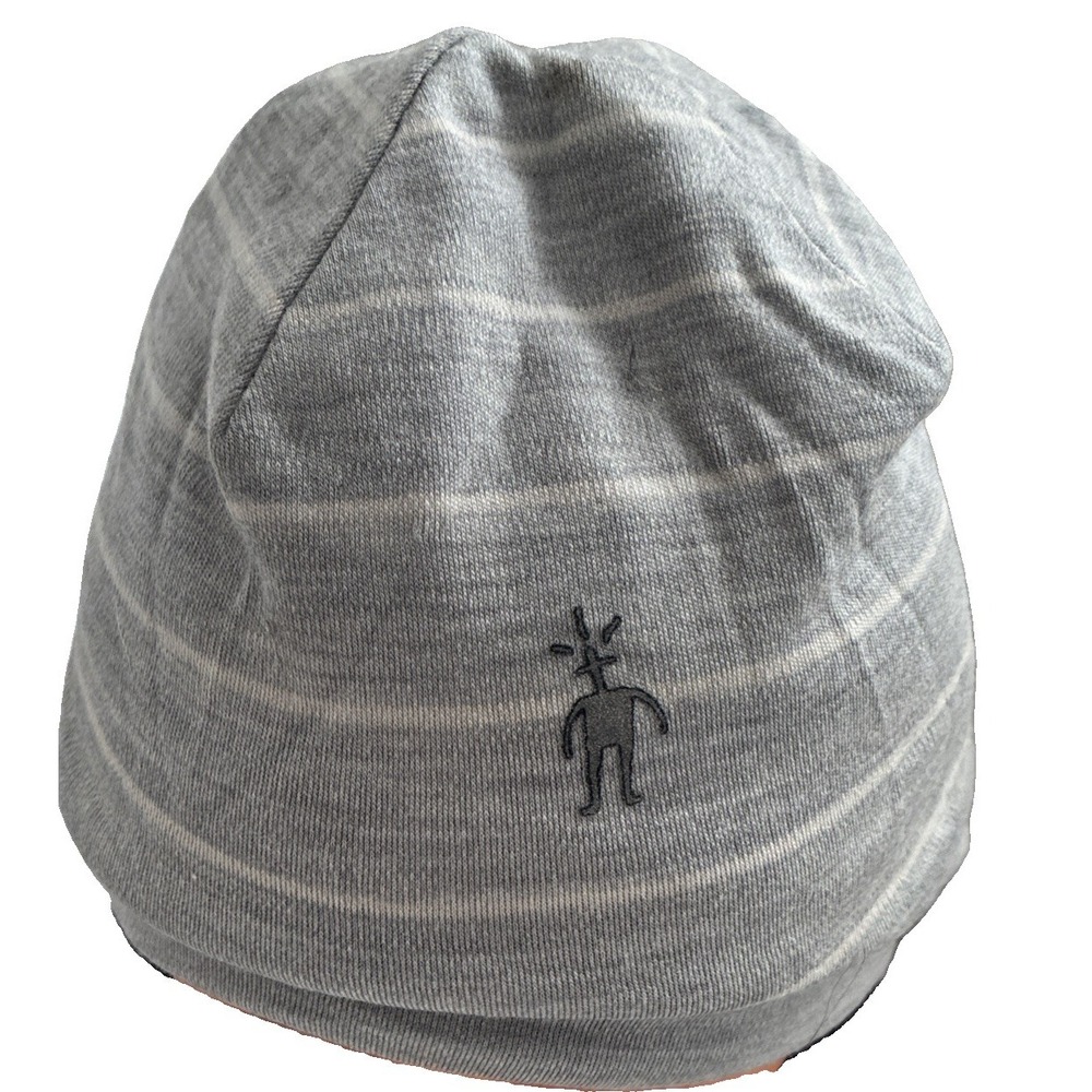 Smartwool Merino Wool Hat Thermal Reversible Cuffed Beanie Gray Striped Cap Warm